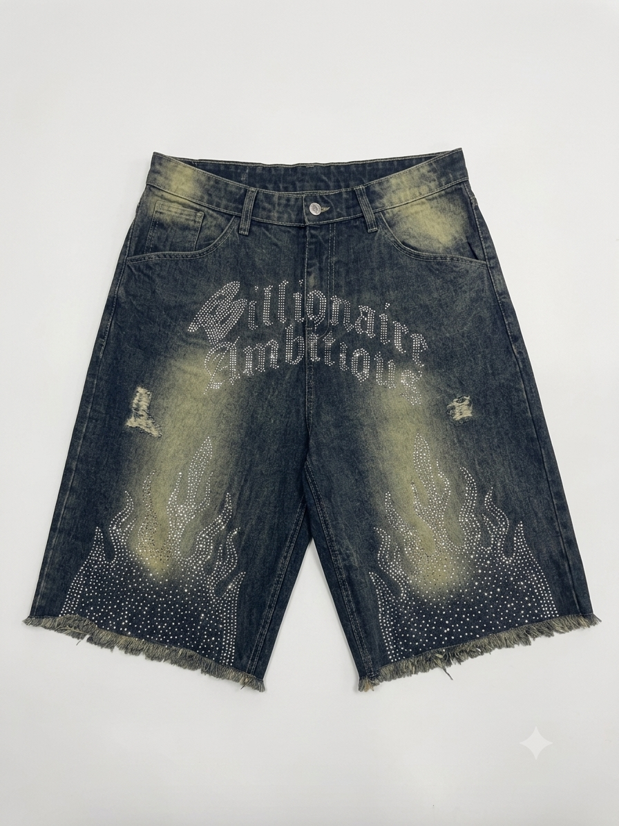 Billionaire Ambitious (Rhinestone) Flame Jorts (Dark Blue)