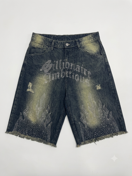 Billionaire Ambitious (Rhinestone) Flame Jorts (Dark Blue)