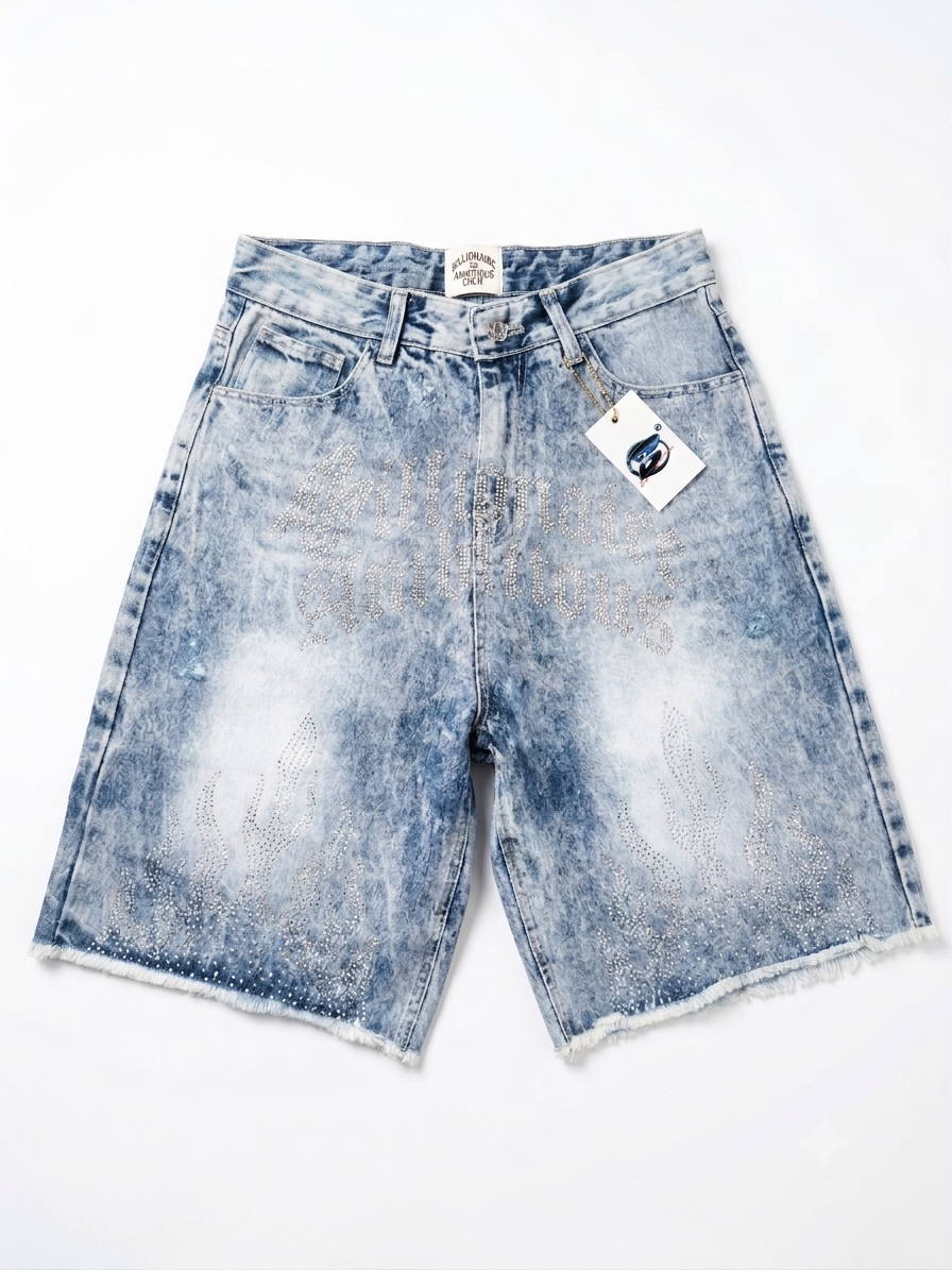 Billionaire Ambitious (Rhinestone) Flame Jorts light blue
