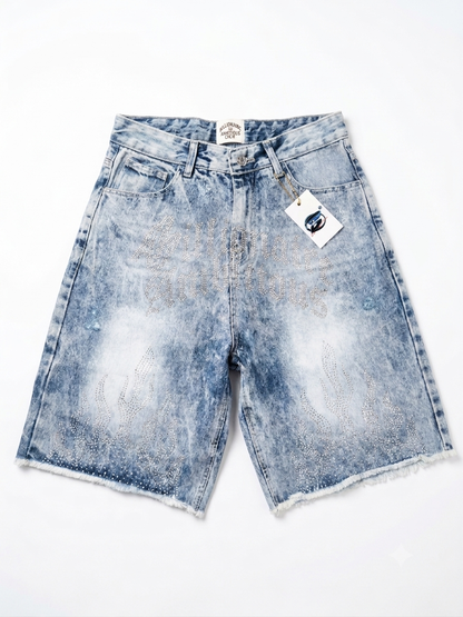 Billionaire Ambitious (Rhinestone) Flame Jorts light blue