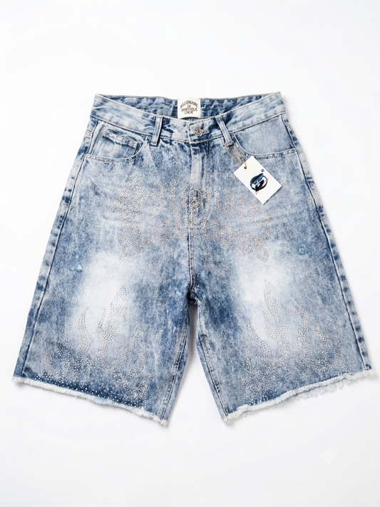 Billionaire Ambitious (Rhinestone) Flame Jorts light blue